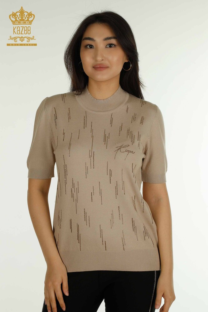 All'ingrosso Maglione di maglieria da donna - Colletto Rialzato - Beige - 30599 | KAZEE - 1