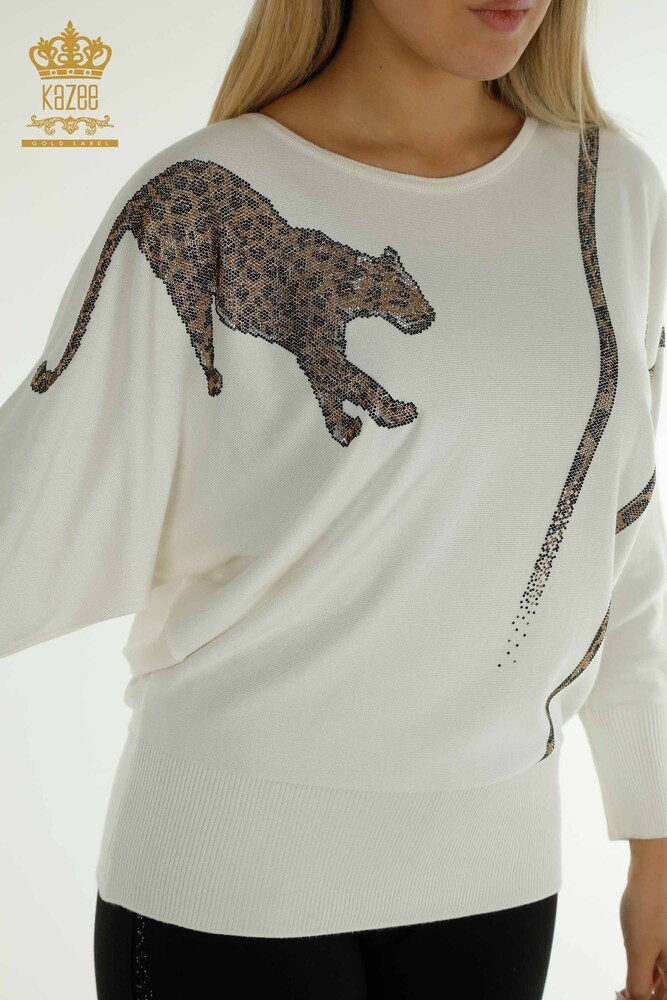 All'ingrosso Maglione Maglieria da Donna - Leopardo Pietra Ricamato - Ecru - 30633 | KAZEE - 3