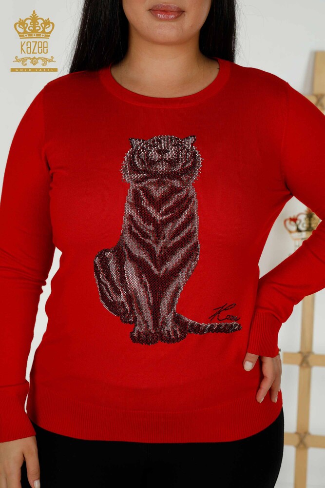 Maglieria Donna all'Ingrosso Maglione Tiger Pattern Rosso - 30127 | KAZEE - 2