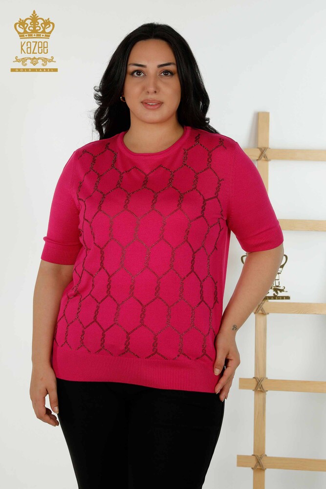 Maglieria Donna all'Ingrosso Maglione Stone Ricamato Fucsia - 30317 | KAZEE - 1