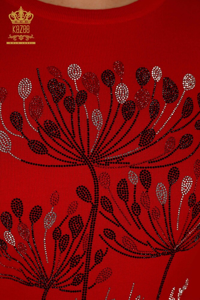 Maglieria Donna all'Ingrosso Maglione Pietra Ricamata Rosso - 30156 | KAZEE - 3