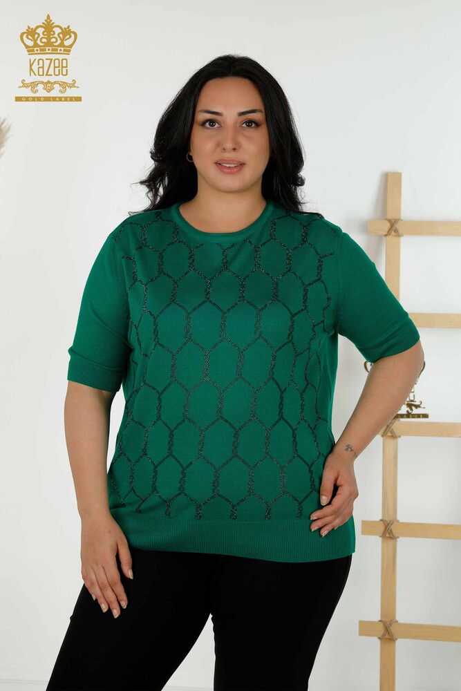 Maglieria Donna all'Ingrosso Maglione Pietra Ricamata Verde - 30317 | KAZEE - 1