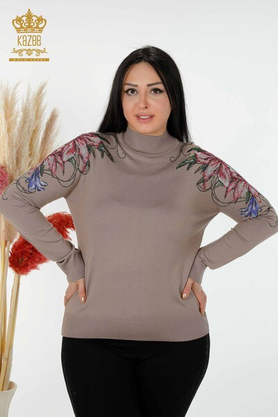 Maglieria da donna all'ingrosso Maglione Spalla Floreale Dettagliata Visone - 30007 | KAZEE - 1