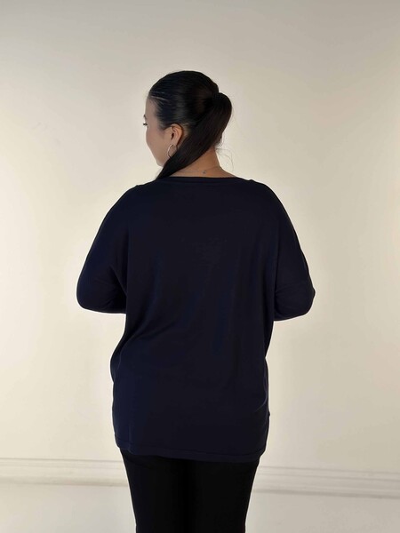 Maglione Maglieria da Donna all'ingrosso con Ricamo in Pietra a Maniche Lunghe Blu Navy - 30750 | KAZEE - Thumbnail