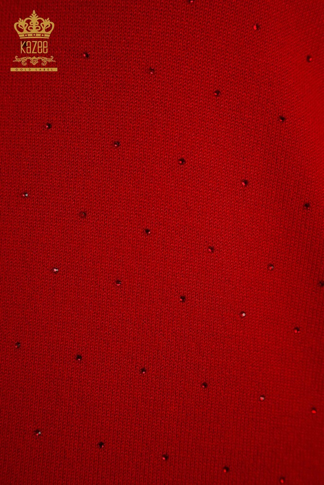 Maglieria all'ingrosso da donna maglione rosso con ricamo pietra - 30677 | KAZEE - 4