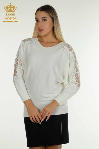 Kazee - All'ingrosso Maglione di maglieria da donna - Tulle dettagliato - Ecru - 15699 | KAZEE