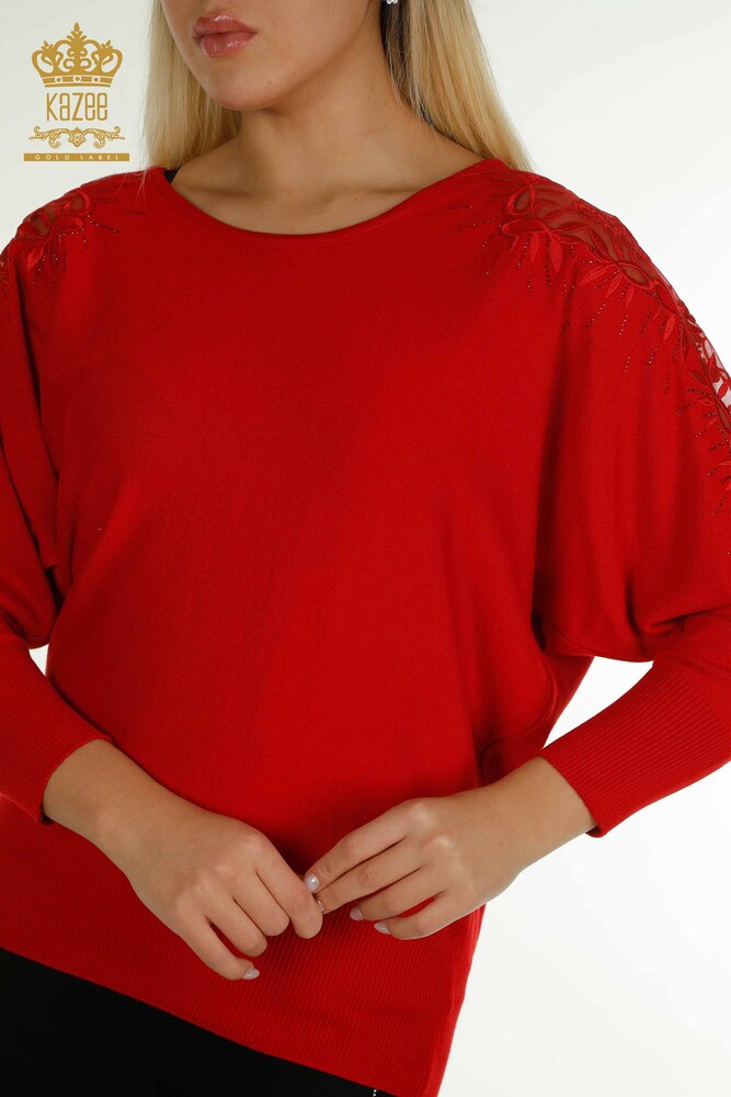 All'ingrosso Maglione di maglieria da donna - Tulle dettagliato - Rosso - 15699 | KAZEE - 2