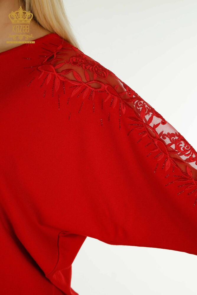 All'ingrosso Maglione di maglieria da donna - Tulle dettagliato - Rosso - 15699 | KAZEE - 4