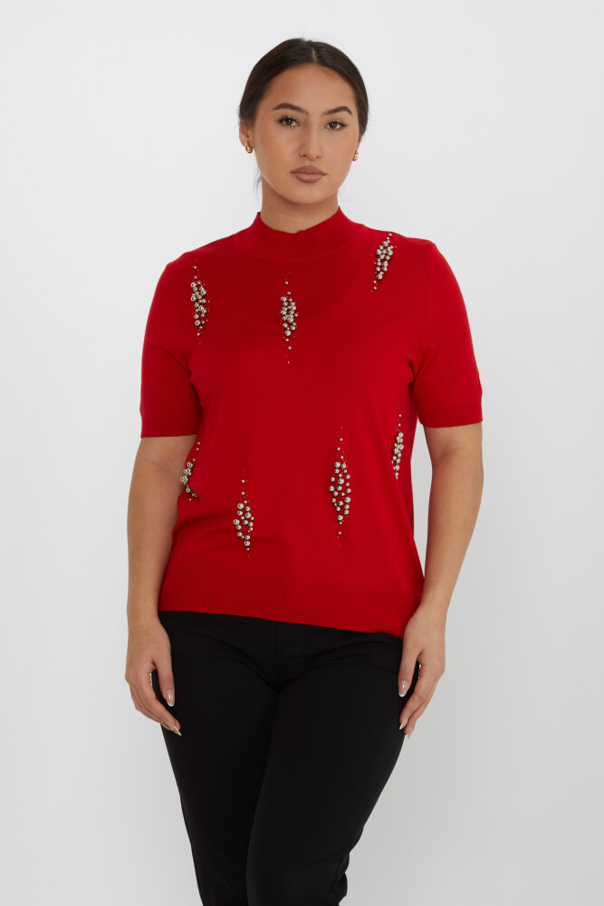 Knitted Sweater Beaded Embroidered Red - 16929 | KAZEE (Set of 4 L-XL-2XL-3XL) - 1