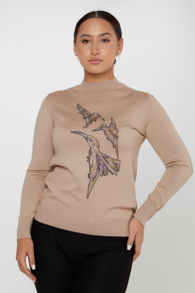 Knitted Sweater Bird Patterned Mink - 31038 | KAZEE (Set of 4 L-XL-2XL-3XL) - KAZEE 