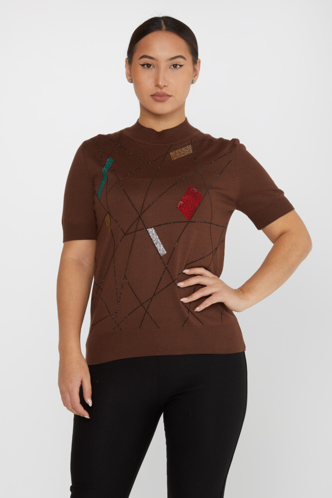 Knitted Sweater Colored Stone Embroidered Brown - 30078 | KAZEE (Set of 4 L-XL-2XL-3XL) - 1