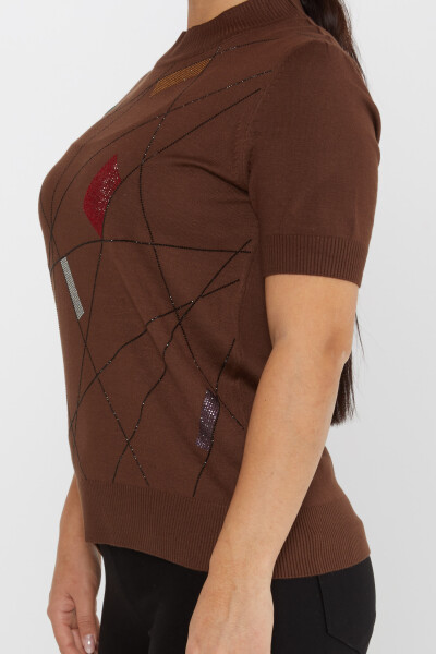 Knitted Sweater Colored Stone Embroidered Brown - 30078 | KAZEE (Set of 4 L-XL-2XL-3XL) - 4