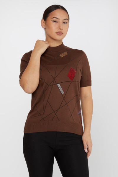 Knitted Sweater Colored Stone Embroidered Brown - 30078 | KAZEE (Set of 4 L-XL-2XL-3XL) - 2