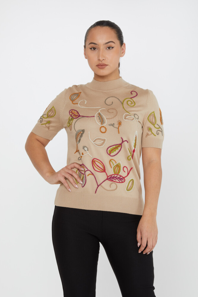 Knitted Sweater Colorful Embroidery Beige - 15844 | KAZEE (Set of 4 L-XL-2XL-3XL) - 1