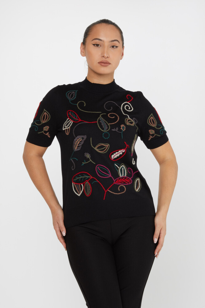 Knitted Sweater Colorful Embroidery Black - 15844 | KAZEE (Set of 4 L-XL-2XL-3XL) - 1