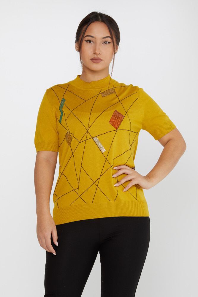 Knitted Sweater Colorful Stone Embroidered Saffron - 30078 | KAZEE (Set of 4 L-XL-2XL-3XL) - 1