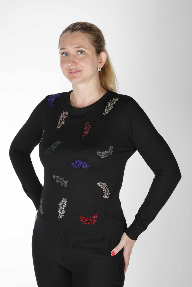 Knitted Sweater Feather Patterned Black - 30458 | KAZEE (Set of 4 L-XL-2XL-3XL) - 1