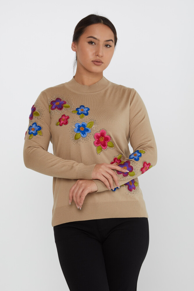 Knitted Sweater Floral Embroidery Beige - 31684 | KAZEE (Set of 3 XL-2XL-3XL) - 1