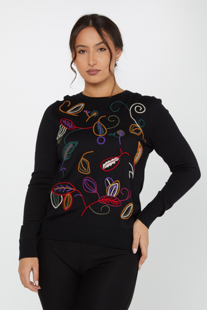 Knitted Sweater Leaf Embroidery Black - 31276 | KAZEE (Set of 3 L-XL-2XL) - 1