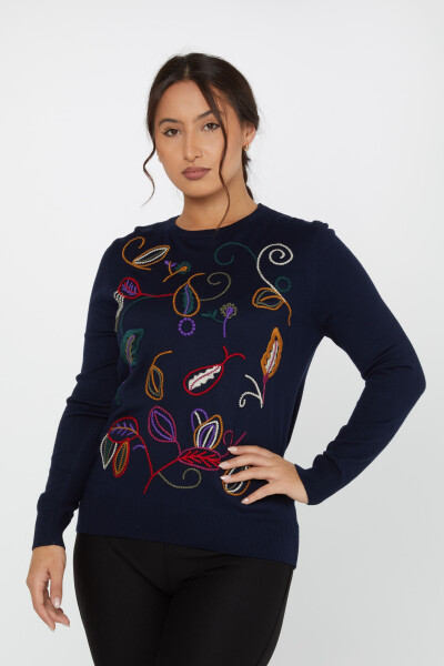 Knitted Sweater Leaf Embroidery Navy Blue - 31276 | KAZEE (Set of 3 L-XL-2XL) - 1