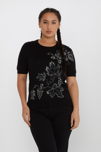 Knitted Sweater Leaf Stone Embroidered Black - 30654 | KAZEE (Set of 4 L-XL-2XL-3XL) - 2