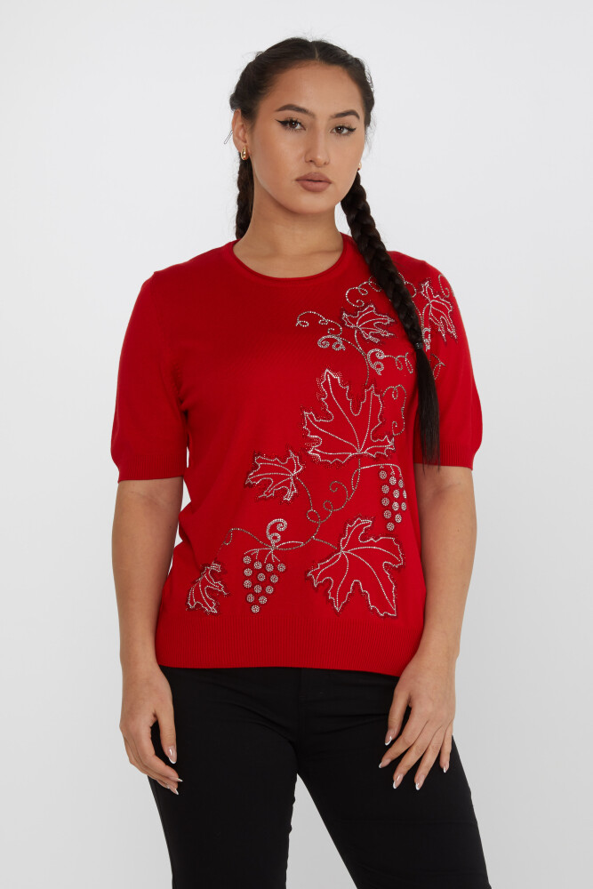 Knitted Sweater Leaf Stone Embroidered Red - 30654 | KAZEE (Set of 4 L-XL-2XL-3XL) - 1