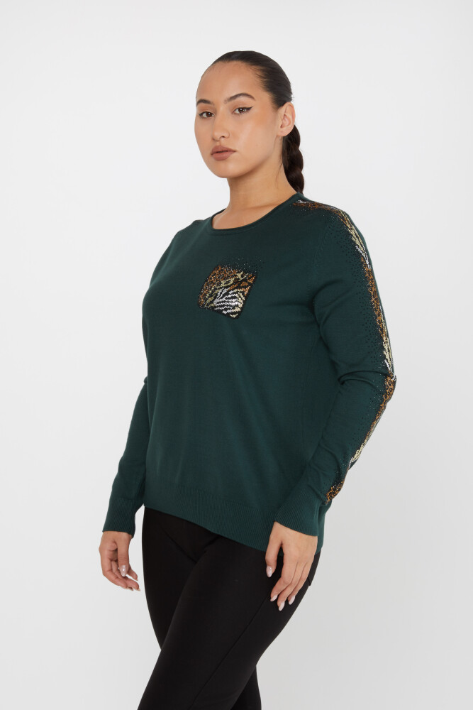 Knitted Sweater Leopard Stone Embroidered Dark Green - 31547 | KAZEE (Set of 3 XL-2XL-3XL) - 1