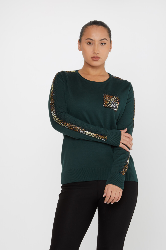 Knitted Sweater Leopard Stone Embroidered Dark Green - 31547 | KAZEE (Set of 3 XL-2XL-3XL) - 2