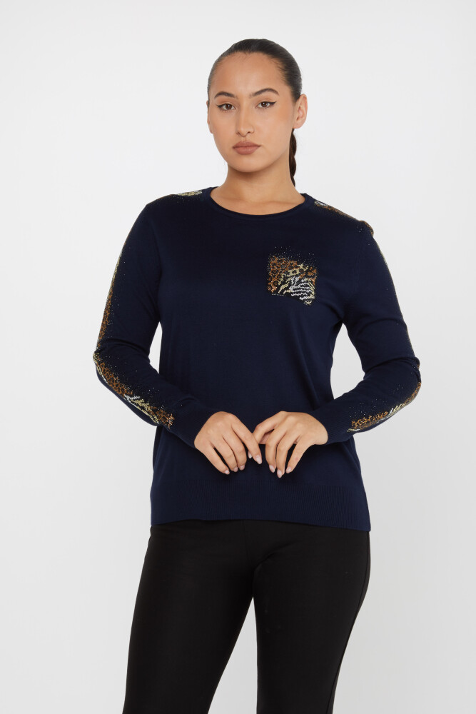 Knitted Sweater Leopard Stone Embroidered Navy Blue - 31547 | KAZEE (Set of 3 XL-2XL-3XL) - 1