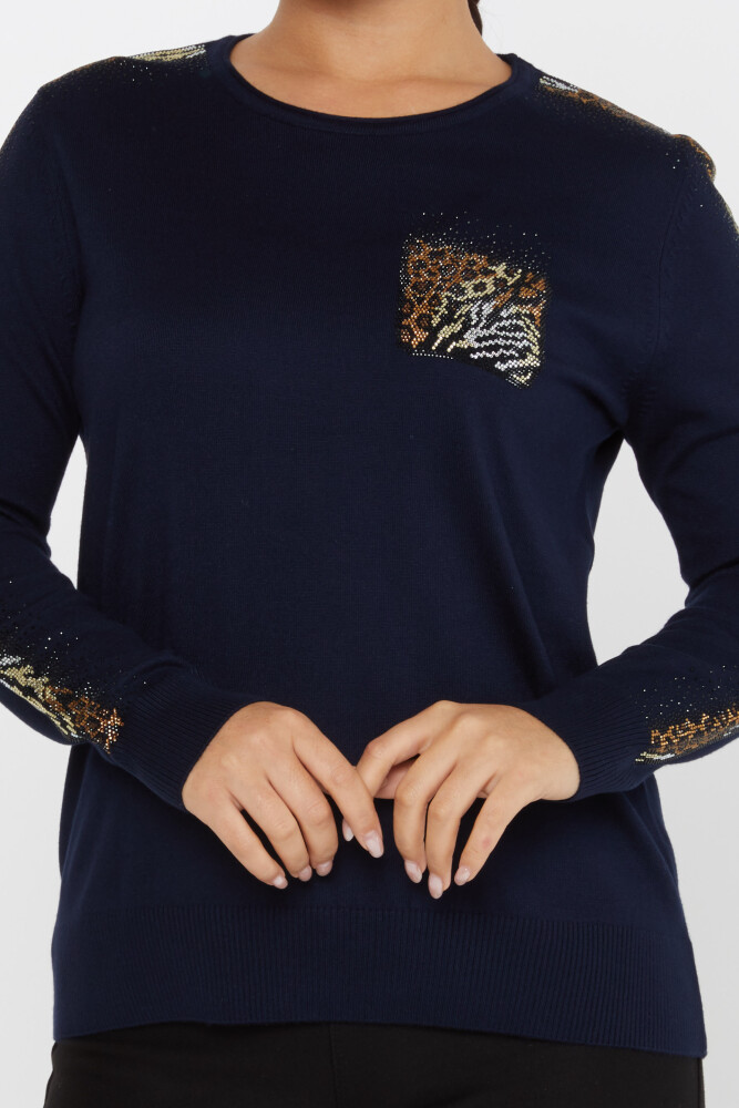 Knitted Sweater Leopard Stone Embroidered Navy Blue - 31547 | KAZEE (Set of 3 XL-2XL-3XL) - 3