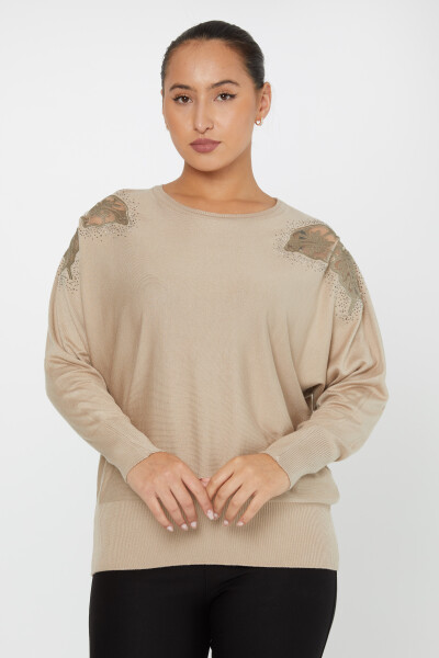 Knitted Sweater Shoulder Tulle Detail Beige - 30903 | KAZEE (Set of 4 L-XL-2XL-3XL) 