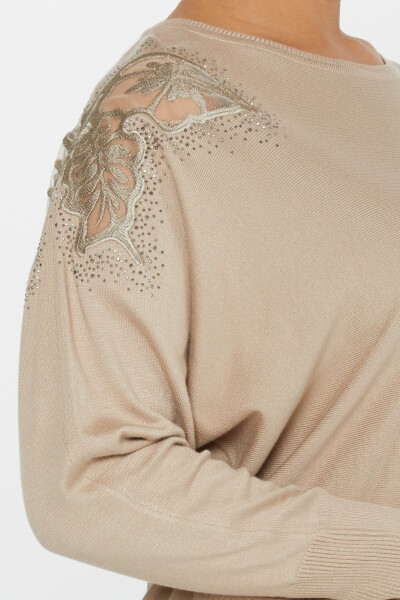 Knitted Sweater Shoulder Tulle Detail Beige - 30903 | KAZEE (Set of 4 L-XL-2XL-3XL) - 5