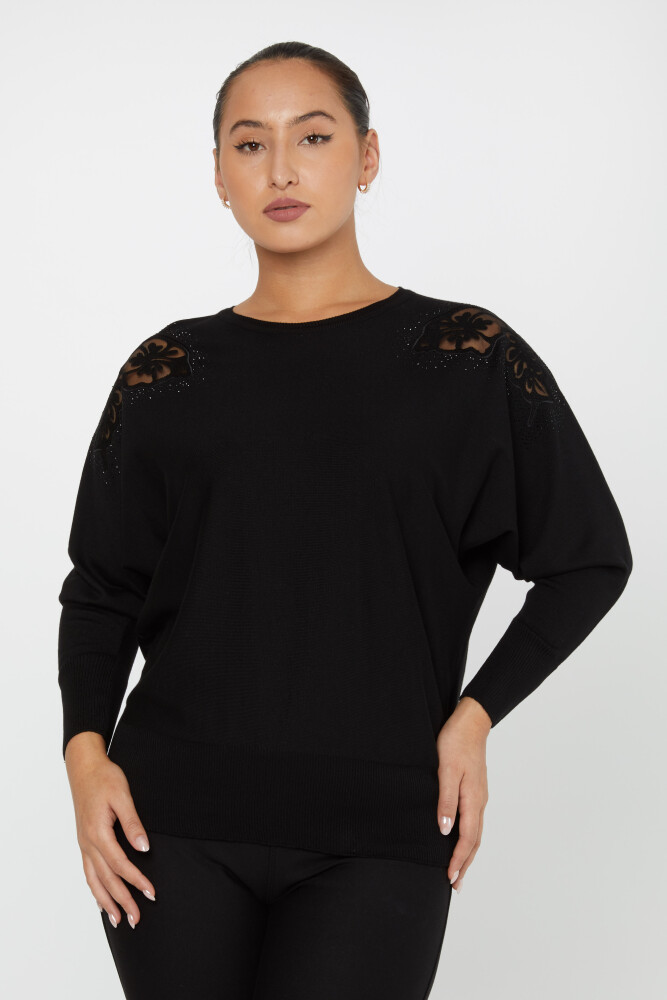 Knitted Sweater Shoulder Tulle Detail Black - 30903 | KAZEE (Set of 4 L-XL-2XL-3XL) - 1