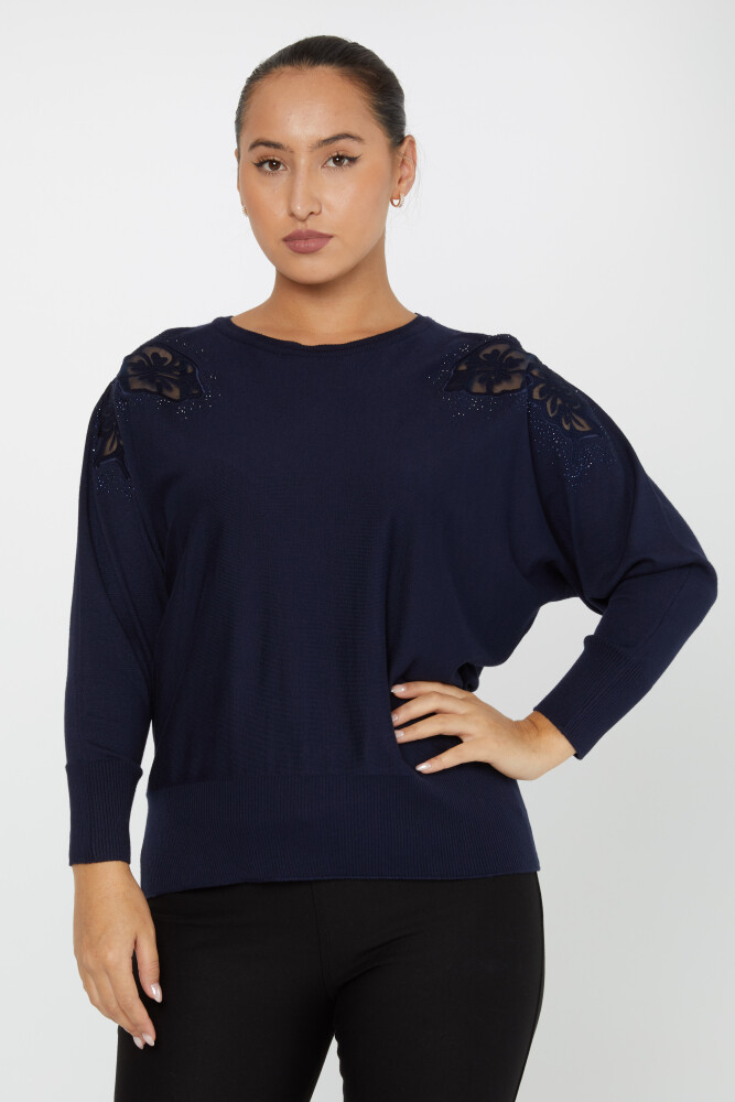 Knitted Sweater Shoulder Tulle Detail Navy Blue - 30903 | KAZEE (Set of 4 L-XL-2XL-3XL) - 1