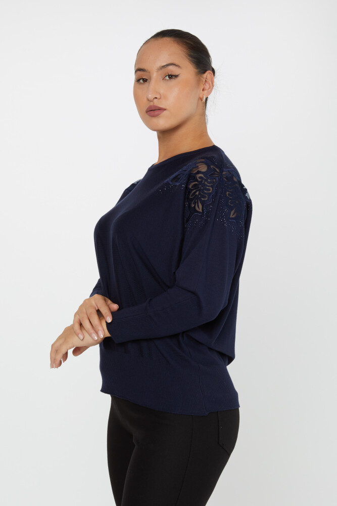 Knitted Sweater Shoulder Tulle Detail Navy Blue - 30903 | KAZEE (Set of 4 L-XL-2XL-3XL) - 2