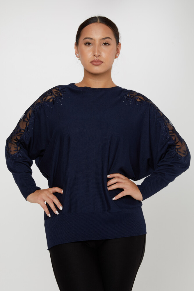 Knitted Sweater Shoulder Tulle Patterned Navy Blue - 30767 | KAZEE (Set of 4 L-XL-2XL-3XL) - 1