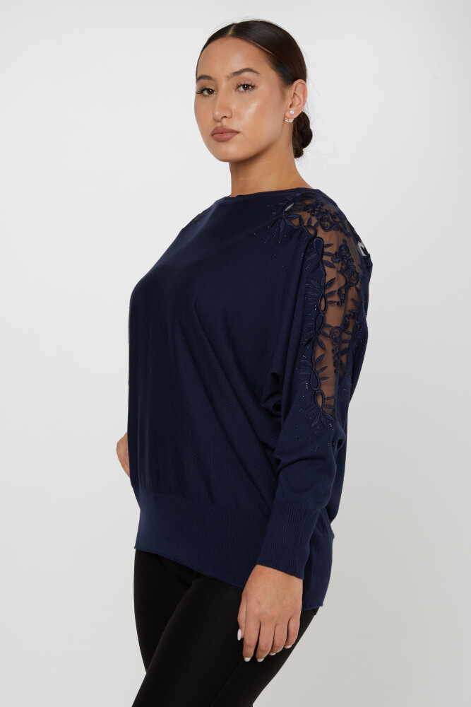 Knitted Sweater Shoulder Tulle Patterned Navy Blue - 30767 | KAZEE (Set of 4 L-XL-2XL-3XL) - 2