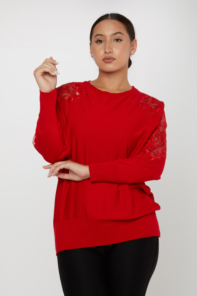 Knitted Sweater Shoulder Tulle Patterned Red - 30767 | KAZEE (Set of 4 L-XL-2XL-3XL) - 1