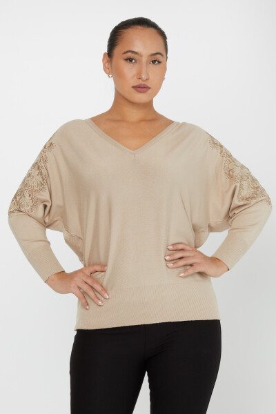 Knitted Sweater Sleeve Stone Embroidered Beige - 30904 | KAZEE (Set of 4 L-XL-2XL-3XL) 