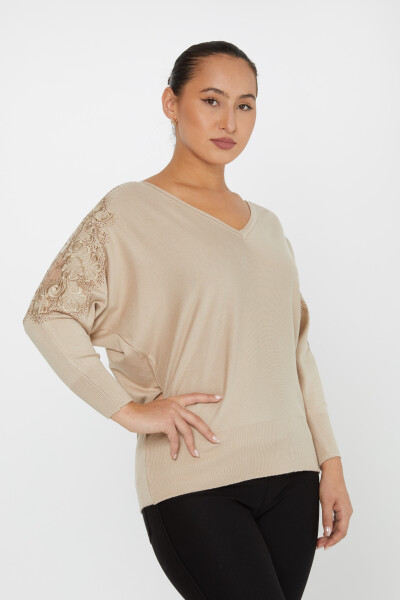 Knitted Sweater Sleeve Stone Embroidered Beige - 30904 | KAZEE (Set of 4 L-XL-2XL-3XL) - 2