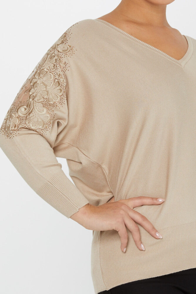 Knitted Sweater Sleeve Stone Embroidered Beige - 30904 | KAZEE (Set of 4 L-XL-2XL-3XL) - 3