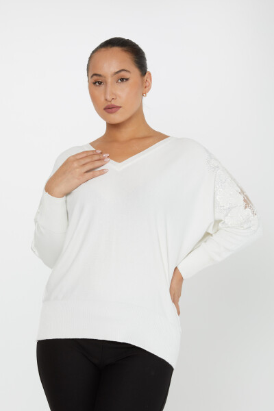 Knitted Sweater Sleeve Stone Embroidered Ecru - 30904 | KAZEE (Set of 4 L-XL-2XL-3XL) - 1