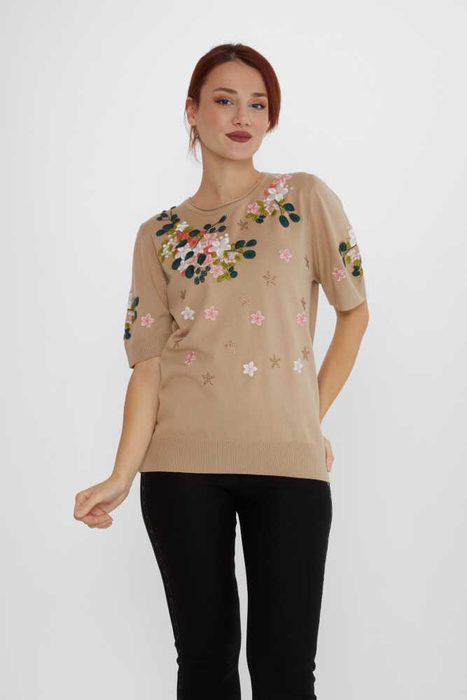 Knitted Sweater Stone Embroidered Beige - 16761 | KAZEE (Set of 4 L-XL-2XL-3XL) - 1