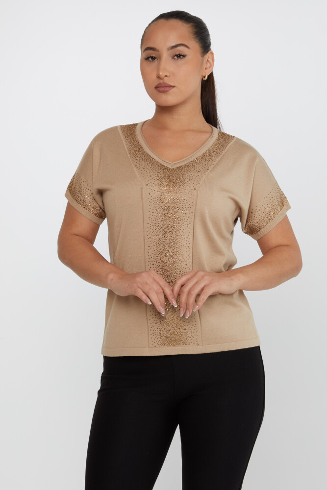 Knitted Sweater Stone Embroidered Beige - 30761 | KAZEE (Set of 4 L-XL-2XL-3XL) - 1