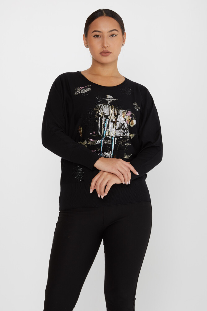 Knitted Sweater Stone Embroidered Black - 30227 | KAZEE (Set of 4 M-L-XL-2XL) - 1