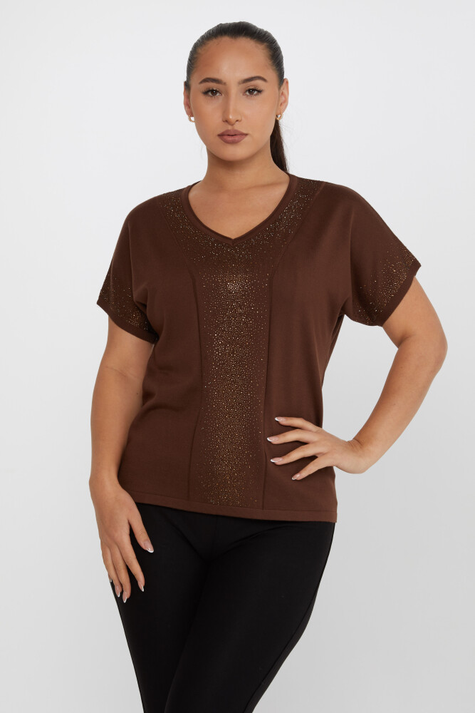 Knitted Sweater Stone Embroidered Brown - 30761 | KAZEE (Set of 4 L-XL-2XL-3XL) - 1