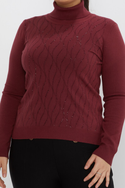 Knitted Sweater Stone Embroidered Claret Red - 31151 | KAZEE (Set of 3 M-L-XL) - 2