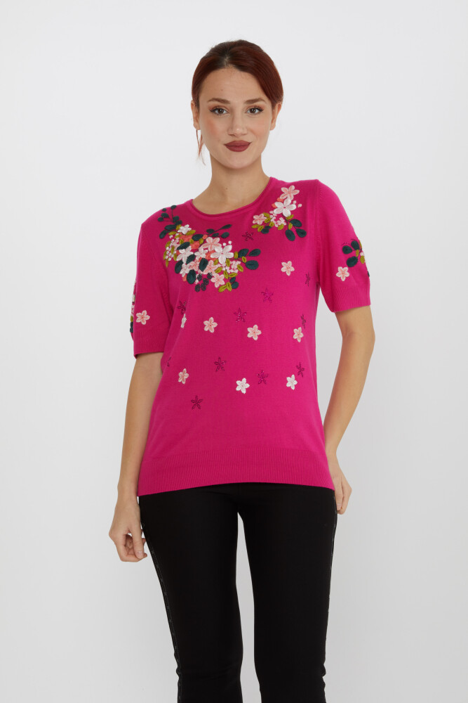 Knitted Sweater Stone Embroidered Fuchsia - 16761 | KAZEE (Set of 4 L-XL-2XL-3XL) - 1