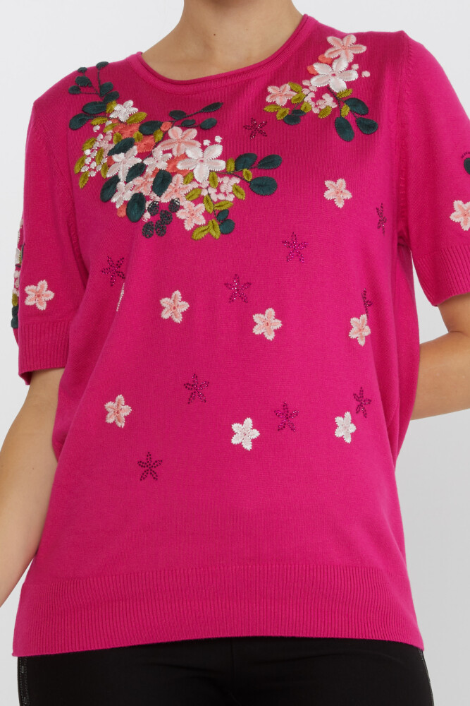 Knitted Sweater Stone Embroidered Fuchsia - 16761 | KAZEE (Set of 4 L-XL-2XL-3XL) - 2