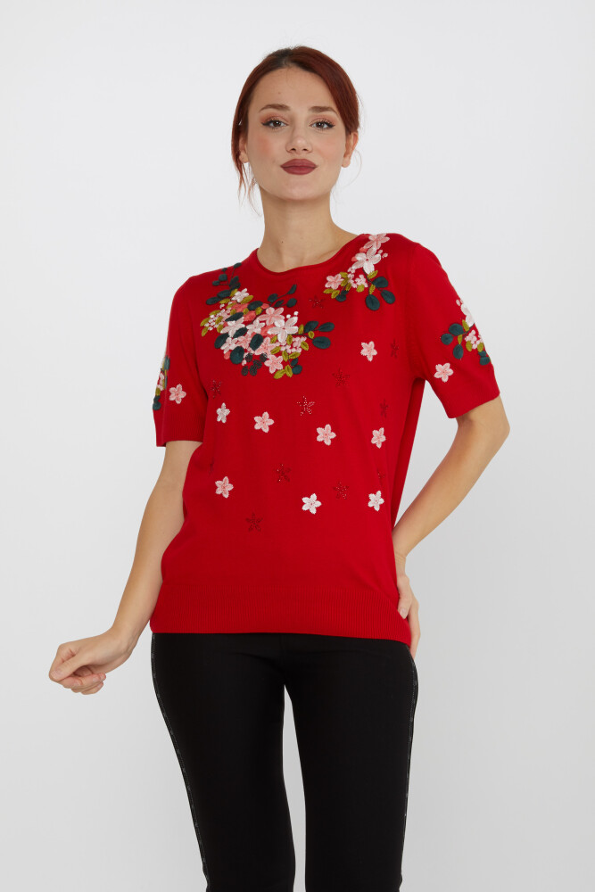 Knitted Sweater Stone Embroidered Red - 16761 | KAZEE (Set of 4 L-XL-2XL-3XL) - 1